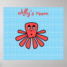 El pulpo rojo en azul burbujea poster