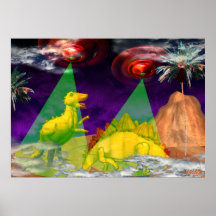 El UFO emite encima de dinosaurios en luz verde Poster