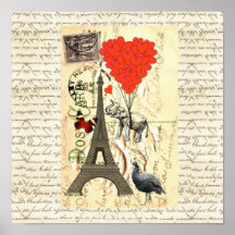 Elefante del vintage y globos rojos del corazón posters