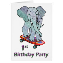 Elefante en el 1r cumpleaños del monopatín tarjetas