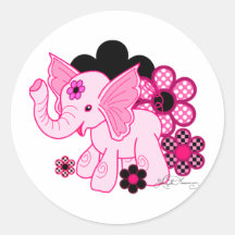 Elefante rosado con los lunares y las margaritas d pegatina redonda