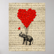 Elefante y globos en forma de corazón posters