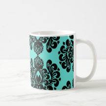 elegancia negra del damasco en la aguamarina azul tazas de café