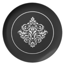 Emblema negro real del damasco plato de cena