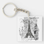 Escena blanco y negro de la torre Eiffel de París Llaveros
