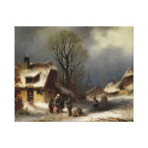 Escena del pueblo del invierno lona envuelta para galerias