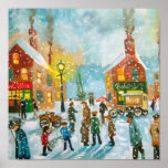Escena ocupada de la calle de la nieve del pueblo poster