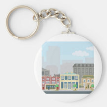 Escena urbana de la calle con las casas urbanas el llaveros personalizados