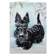 Escocés Terrier en nieve que cae Felicitaciones