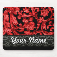 Estampado de flores negro y rojo del cordón alfombrilla de ratones