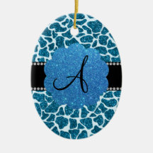 Estampado de girafa azul del brillo del monograma ornamento de reyes magos