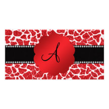Estampado de girafa rojo del brillo del monograma tarjetas con fotos personalizadas