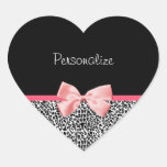 Estampado leopardo de moda y cinta rosada con nomb calcomanías de corazones personalizadas