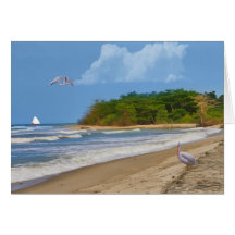 Estímulo, playa tropical, pájaros tarjetas