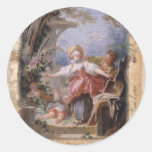 Familia del arte del estilo del vintage en jardín etiqueta