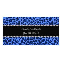 Favores azules del boda del modelo del leopardo tarjeta con foto personalizada