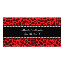 Favores rojos del boda del modelo del leopardo tarjeta fotografica personalizada