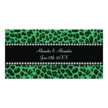 Favores verdes del boda del modelo del leopardo tarjetas fotográficas personalizadas