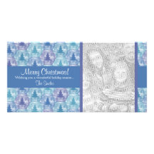 Felices árboles de navidad PhotoCard en azul y púr Tarjeta Fotográfica