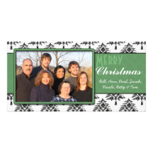 Felices Navidad del ajuste del verde del damasco d Tarjeta Con Foto Personalizada