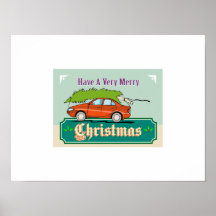 Feliz automóvil del coche del árbol de navidad posters