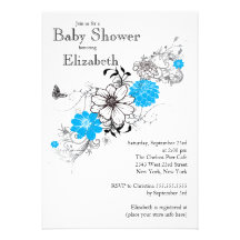 Fiesta de bienvenida al bebé floral azul moderna d invitaciones personales 