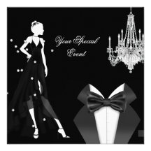 Fiesta negro blanco del smoking de la plata elegan invitaciones personalizada