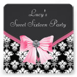 Fiesta negro rosado del dulce 16 del damasco invitacion personalizada