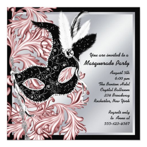 Fiesta negro rosado elegante de la mascarada invitacion personal 
