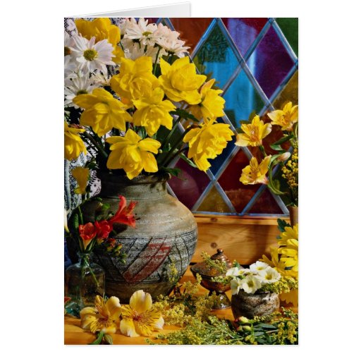 Flor, aún vida por las flores de la ventana felicitación