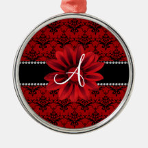 Flor roja de la margarita del damasco del monogram ornamento para arbol de navidad