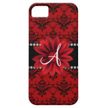 Flor roja de la margarita del damasco del monogram iPhone 5 fundas