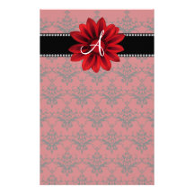 Flor roja de la margarita del damasco del monogram papelería personalizada