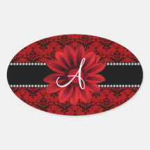 Flor roja de la margarita del damasco del monogram calcomania oval personalizadas