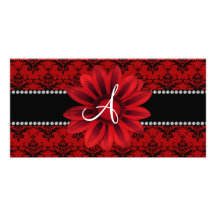 Flor roja de la margarita del damasco del monogram tarjetas personales con fotos