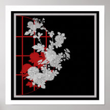 Floral asiático rojo negro posters