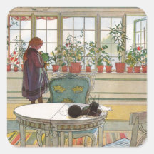 Flores en el Windowsill de Carl Larsson Colcomanias Cuadradas Personalizadas