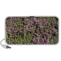 Flores púrpuras bonitas en la cubierta de tierra altavoces de viajar