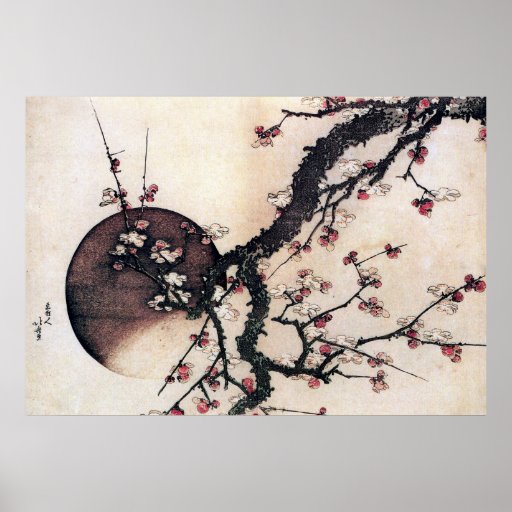 Flores y la luna, Hokusai del ciruelo Posters