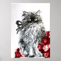 GATITO CON LOS ROSAS, rojo y blanco negros Posters