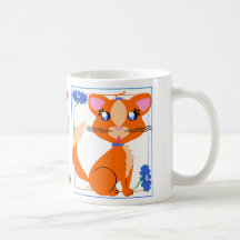 Gatito de Toon del jengibre con la taza de las flo