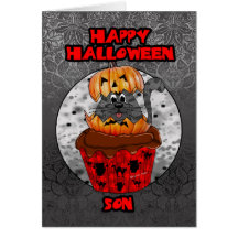 gato de la magdalena de Halloween del hijo, tabby  Tarjeton