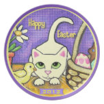 Gato de Pascua y placa blancos felices del polluel Plato Para Fiesta