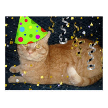 Gato de Tabby anaranjado de la fiesta de cumpleaño Postal