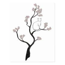 Gato en árbol de la flor de cerezo tarjetas postales
