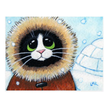 Gato esquimal y postal animal del arte del iglú el