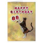 Gato juguetón y 86.os globos del feliz cumpleaños felicitación