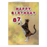 Gato juguetón y 87.os globos del feliz cumpleaños tarjeta