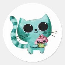 Gato lindo del gatito con la magdalena de Kawaii Pegatinas Redondas