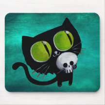 Gato negro de Halloween con el cráneo Tapetes De Ratón